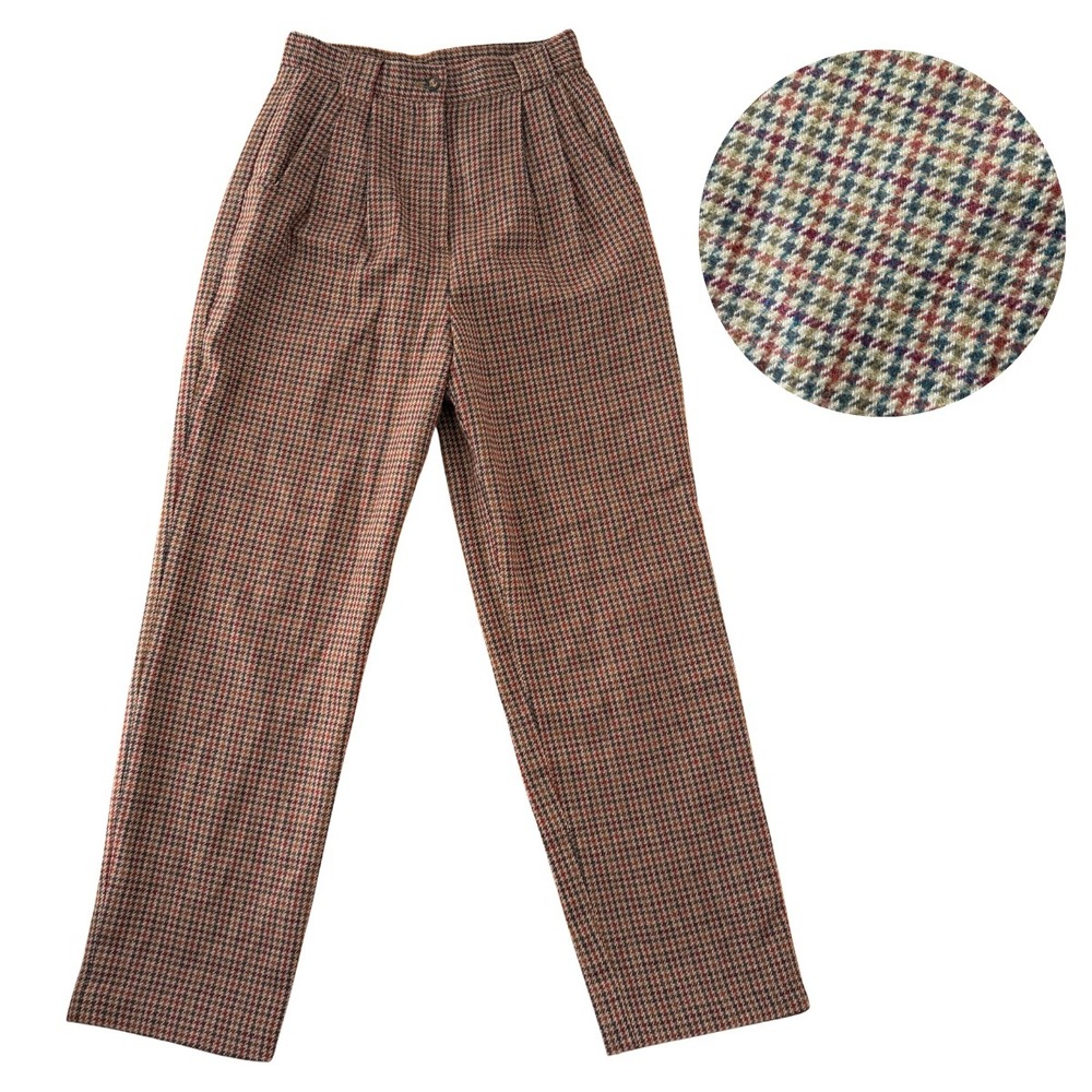 Vintage Multicolor Wool Blend Houndstooth Tweed Pleated Trousers Dark Academia 6